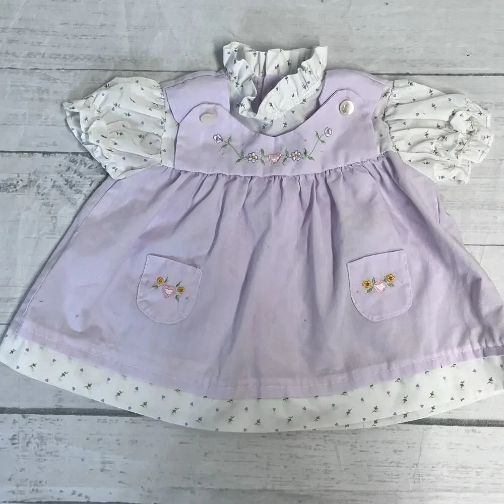 Vintage Set of 2 Cradle Togs Dress sz 9-12 Months Yellow Duck Purple Embroidery